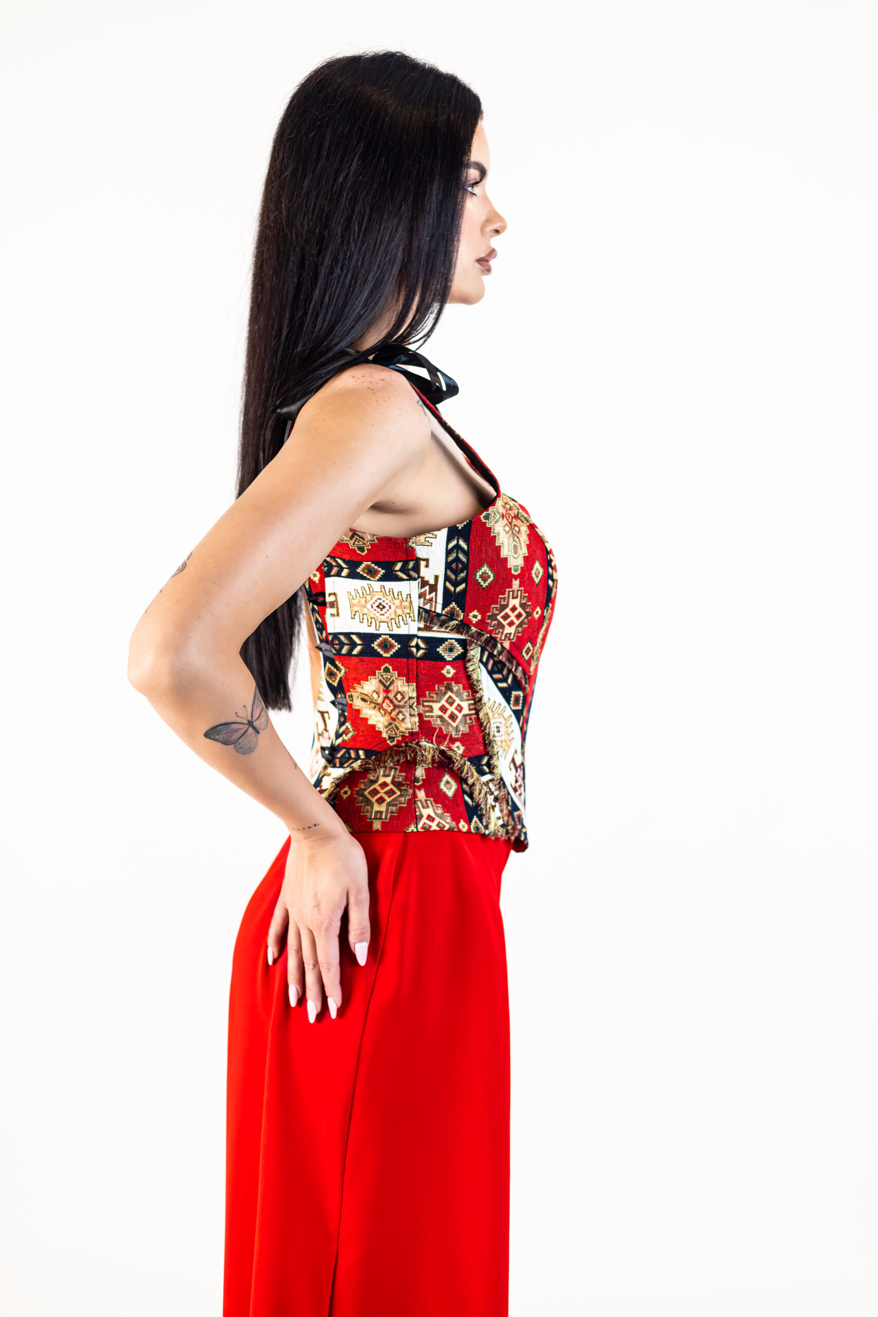 corset tessara rosu din brocart cu bretele reglabile si snur reglabil la spate