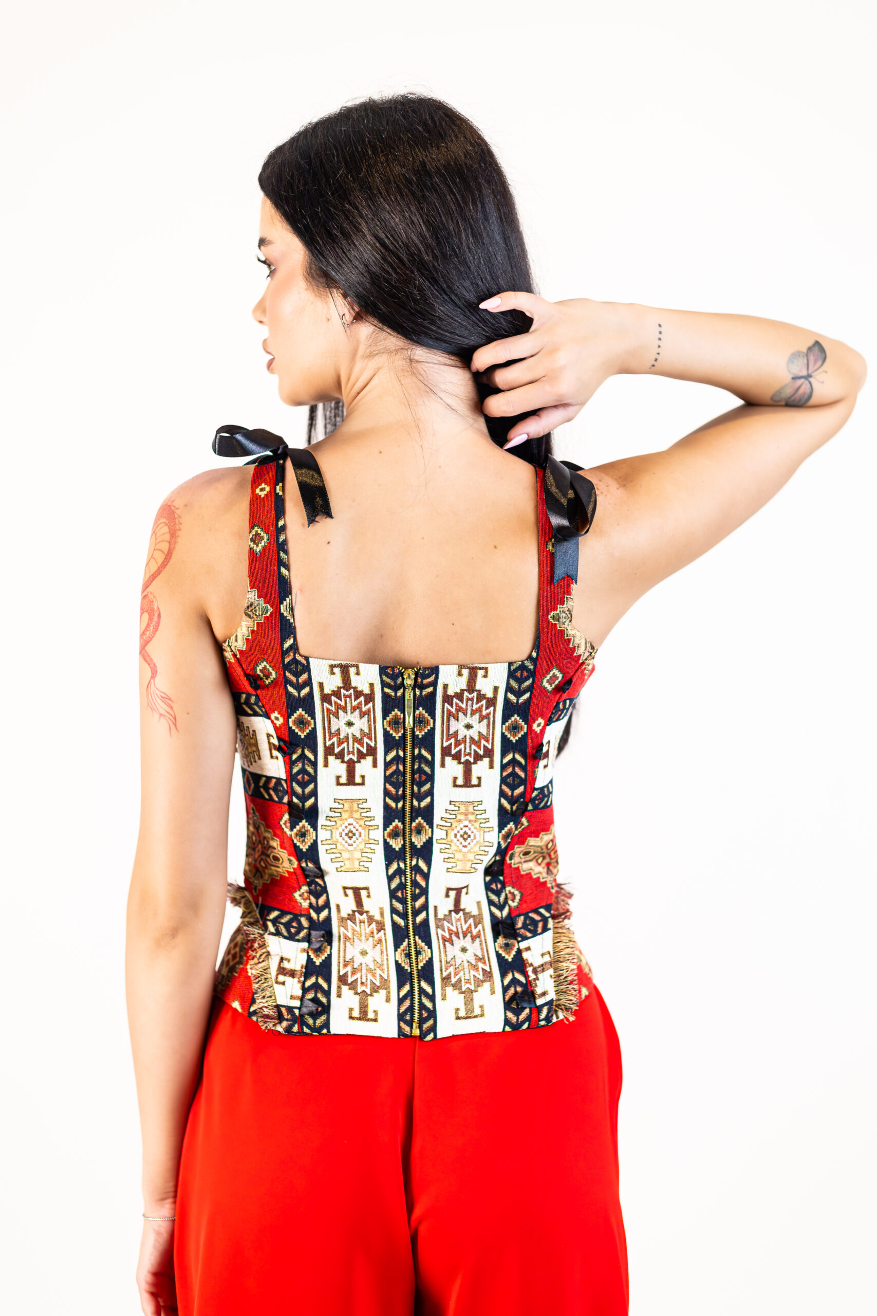 corset tessara rosu din brocart cu bretele reglabile si snur reglabil la spate