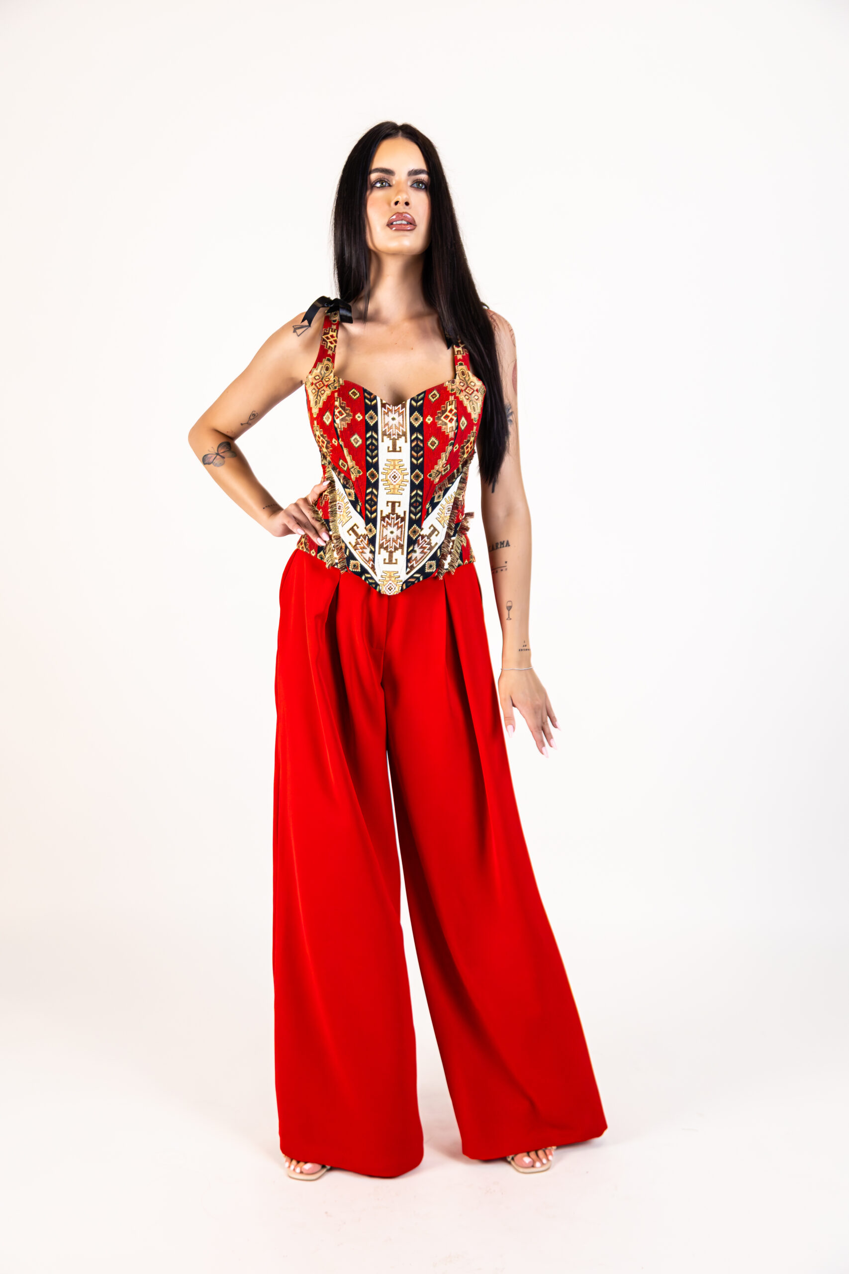 corset tessara rosu din brocart cu bretele reglabile si snur reglabil la spate