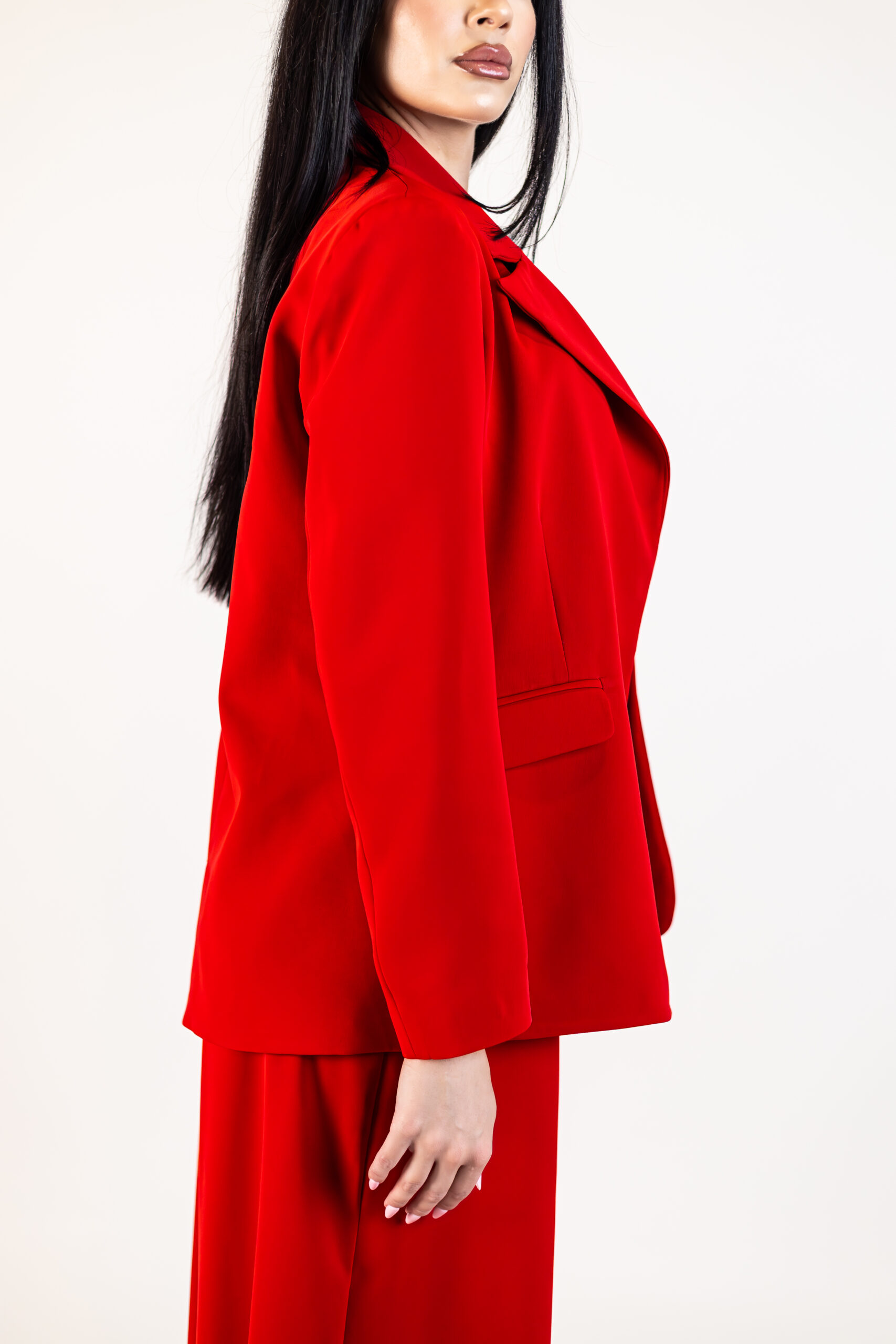 costum palazzo rosu scarlatta sacou oversize pantaloni palazzo cu falduri casano