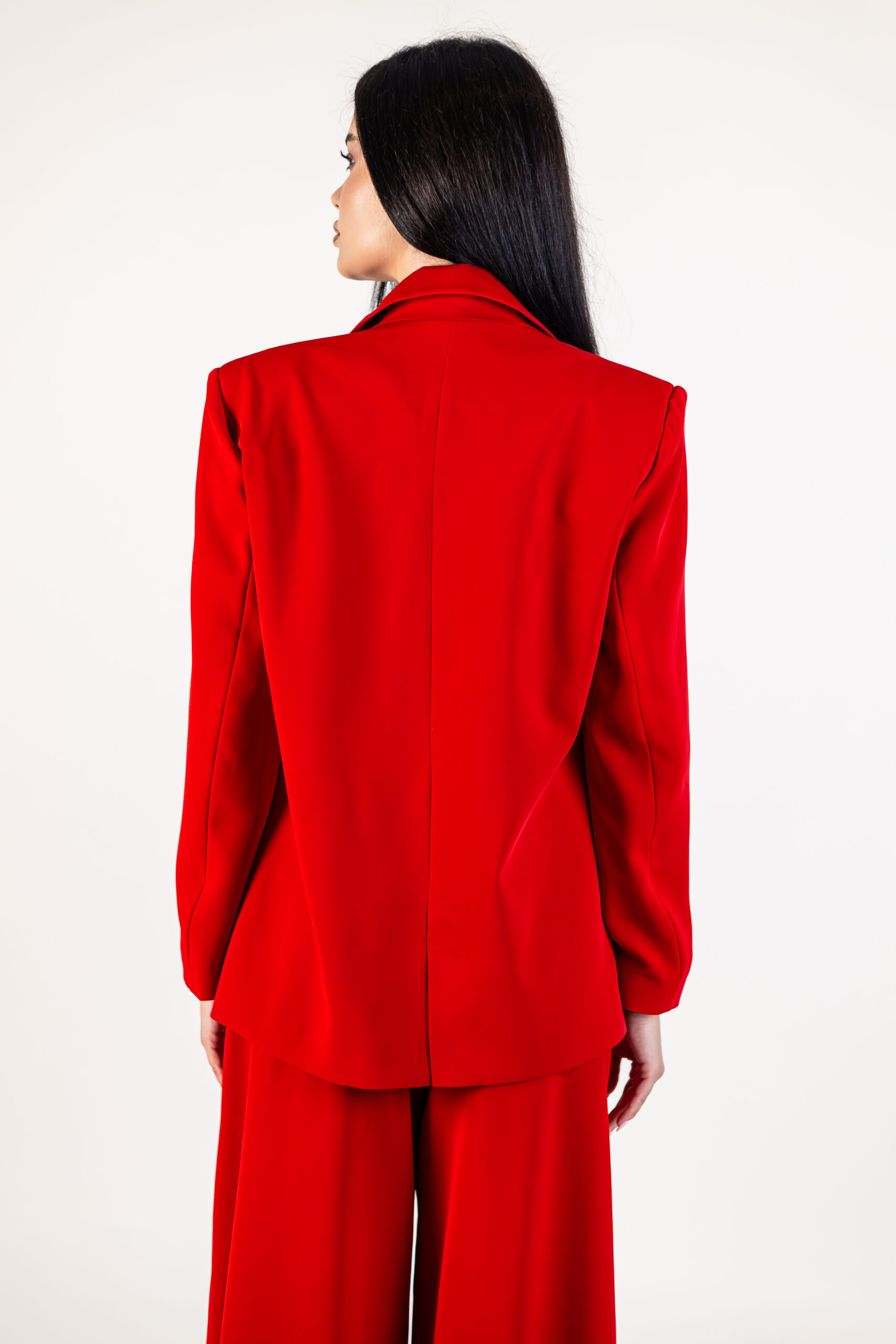 costum palazzo rosu scarlatta sacou oversize pantaloni palazzo cu falduri casano